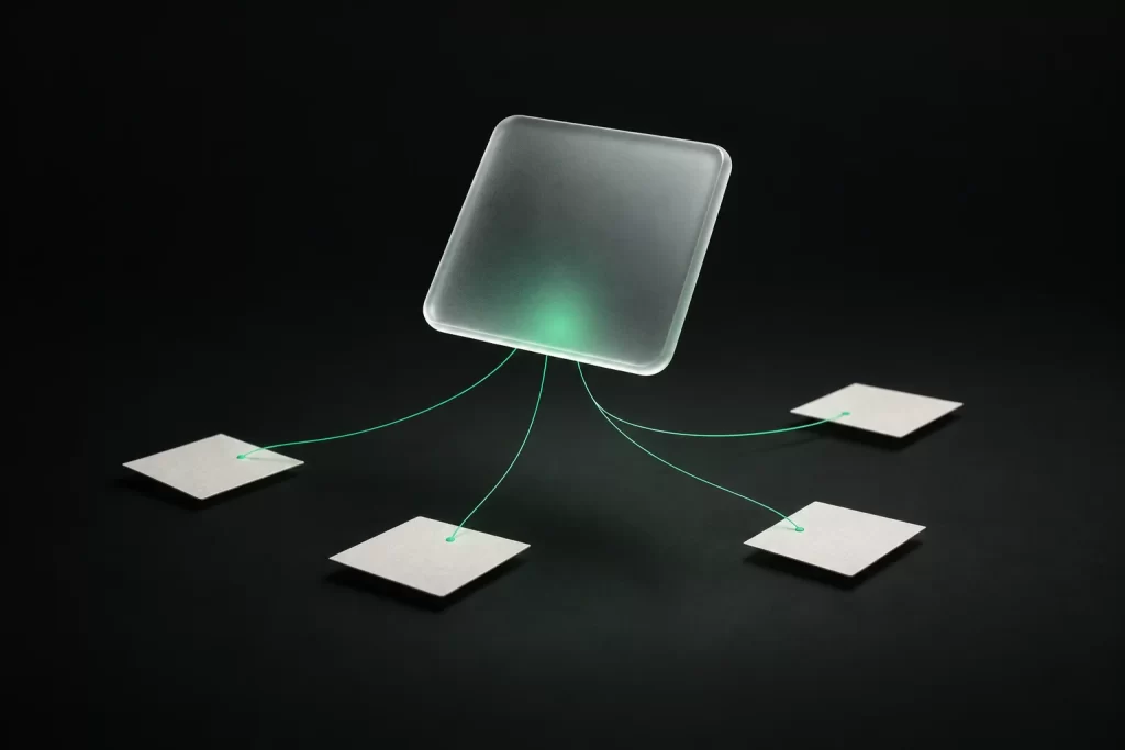 A frosted glass card joined to small paper squares by green threads
