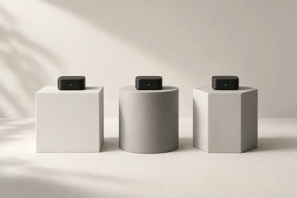 The same small dark module with a green dot on three different ceramic pedestals