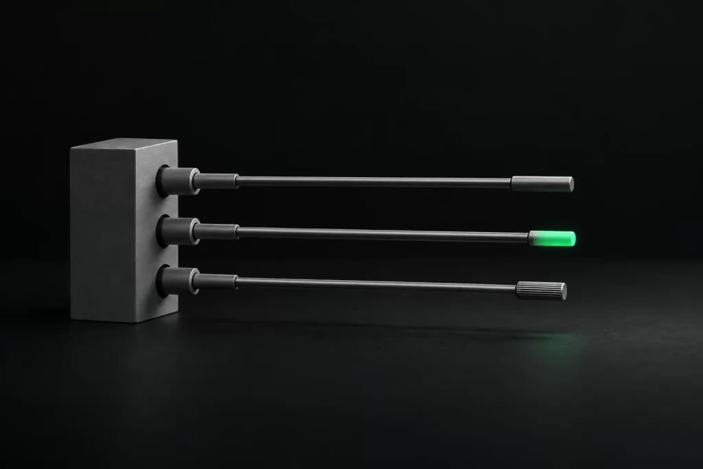 A grey port block with three slim rods extending from it, one with a green tip