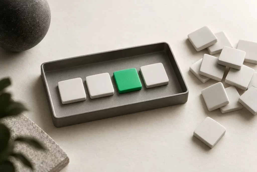 A tray holding a few white tiles chosen from a loose pile, one tile green