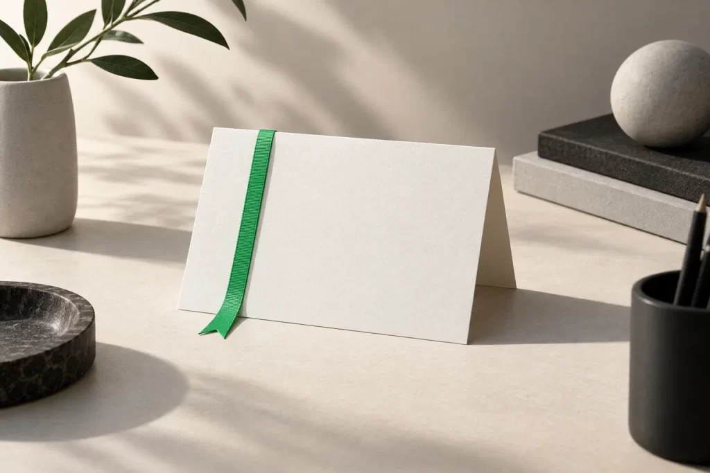 A folded blank card with a green ribbon on a desk in morning light