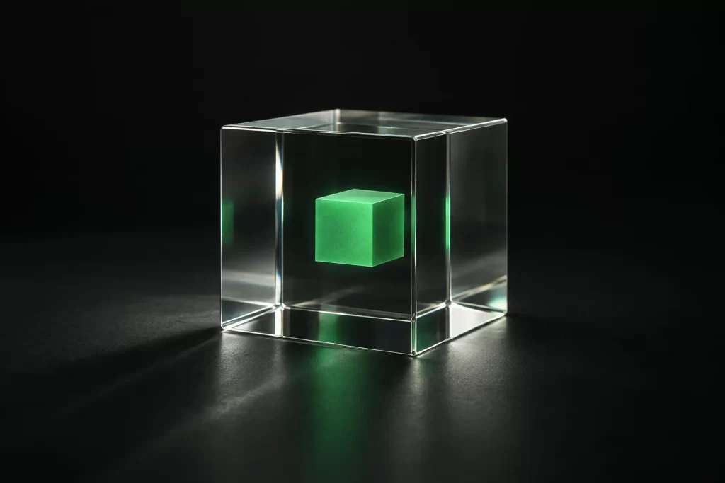 A clear glass cube with a small green core at its centre