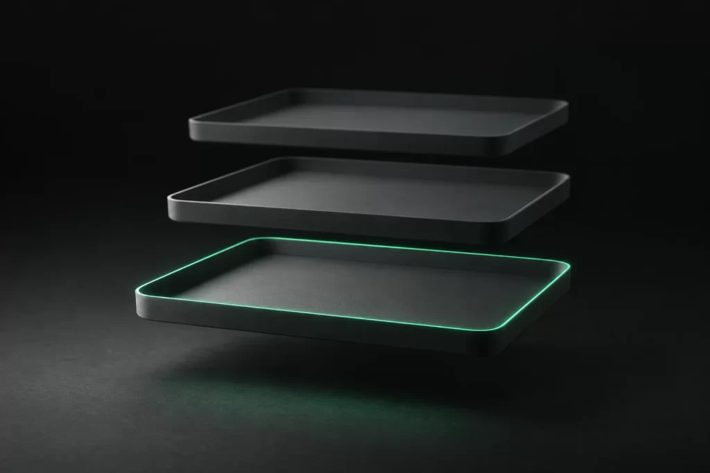 Three identical matte trays one behind another, the front one with a green edge
