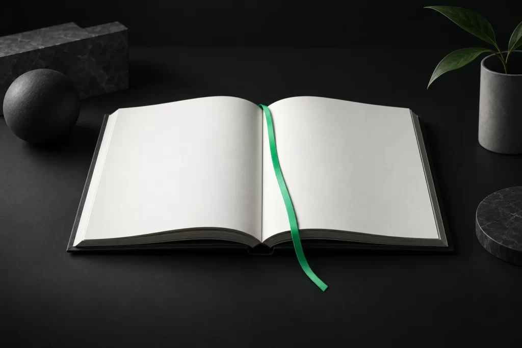 An open book with blank pages and a green ribbon bookmark