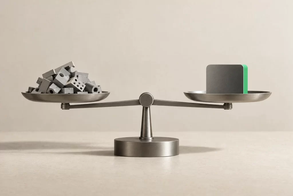 A balance scale weighing a pile of loose parts against one finished block