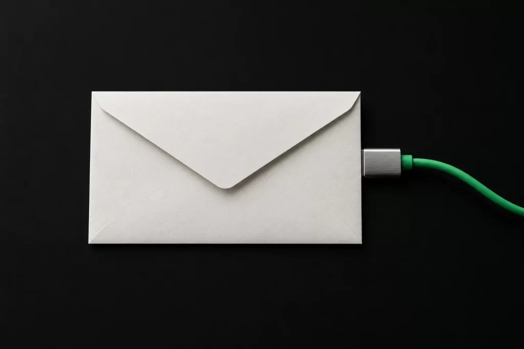 An envelope with a connector plugged into its edge on a green cable