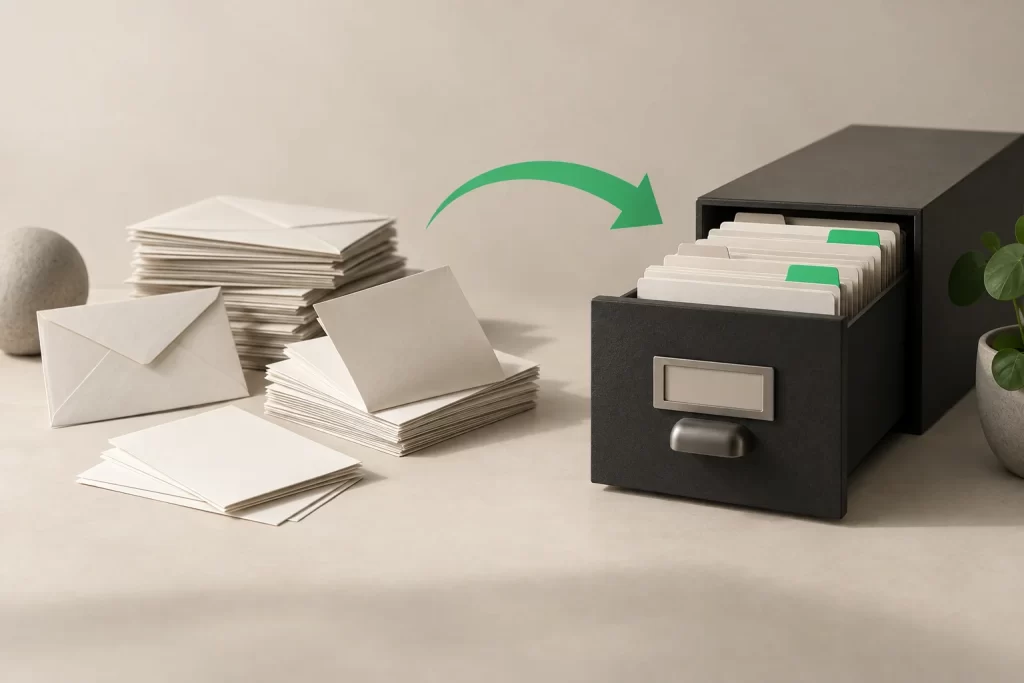 Stacks of envelopes being organised into an index card cabinet with green tabs