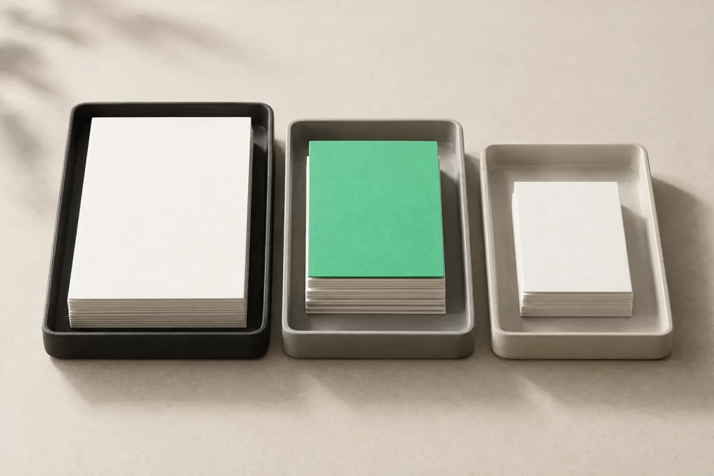 Three trays of paper slips sorted by size, one green slip on top