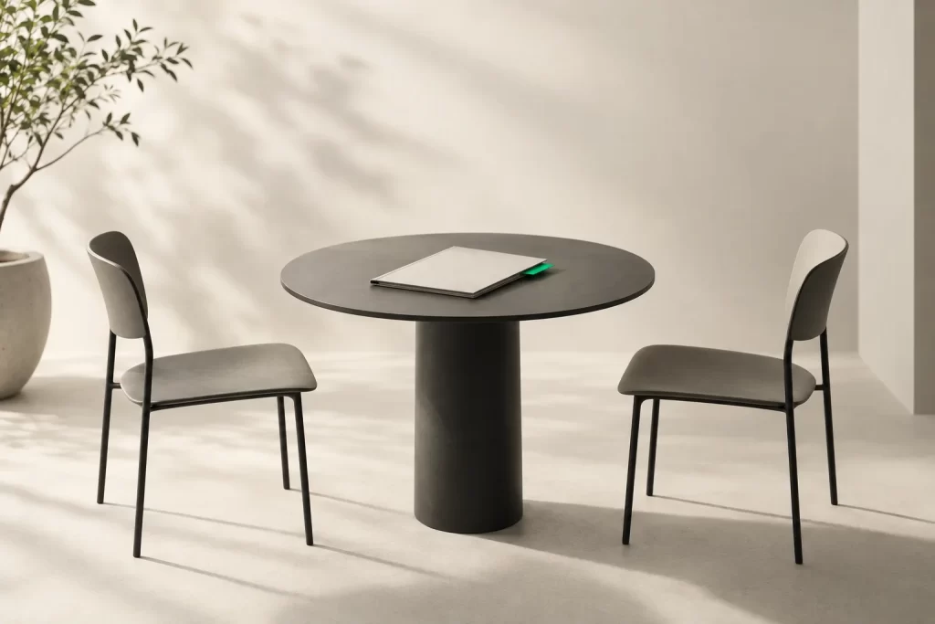 Two chairs at a small round table with a folder marked by a green tab