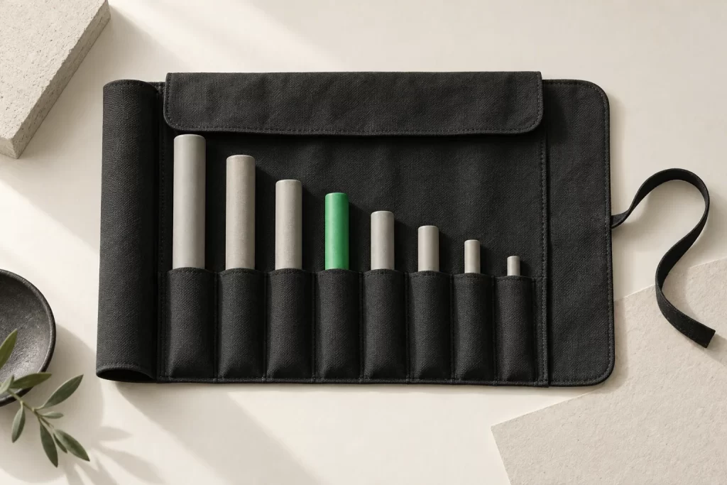 An open tool roll holding a row of handles, one of them green
