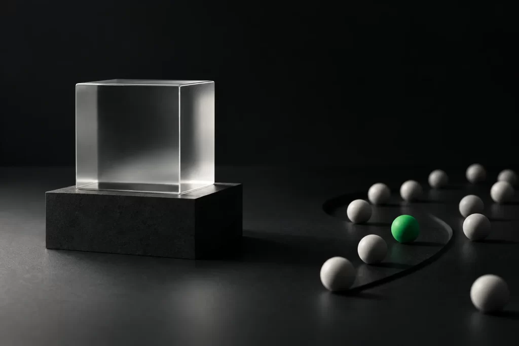 A still glass block beside a stream of rolling spheres, one of them green
