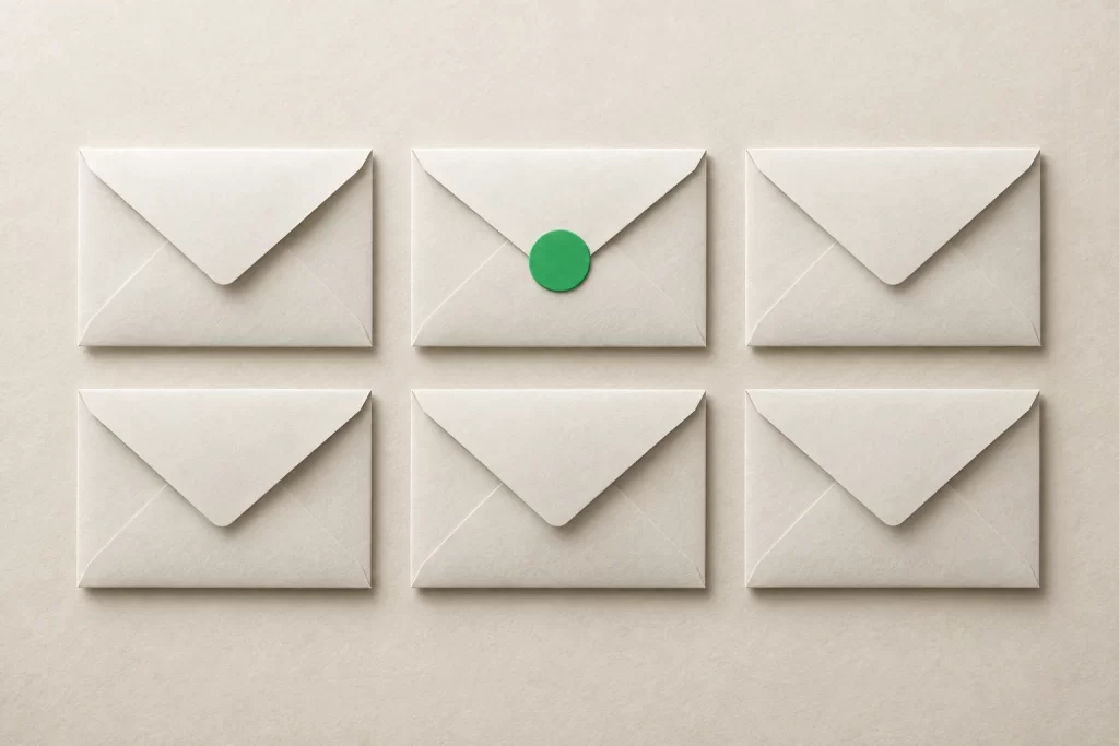 Six blank envelopes in a grid, one closed with a green seal