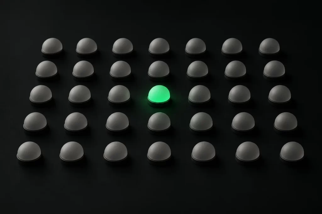 A grid of dim dome lights with one glowing green