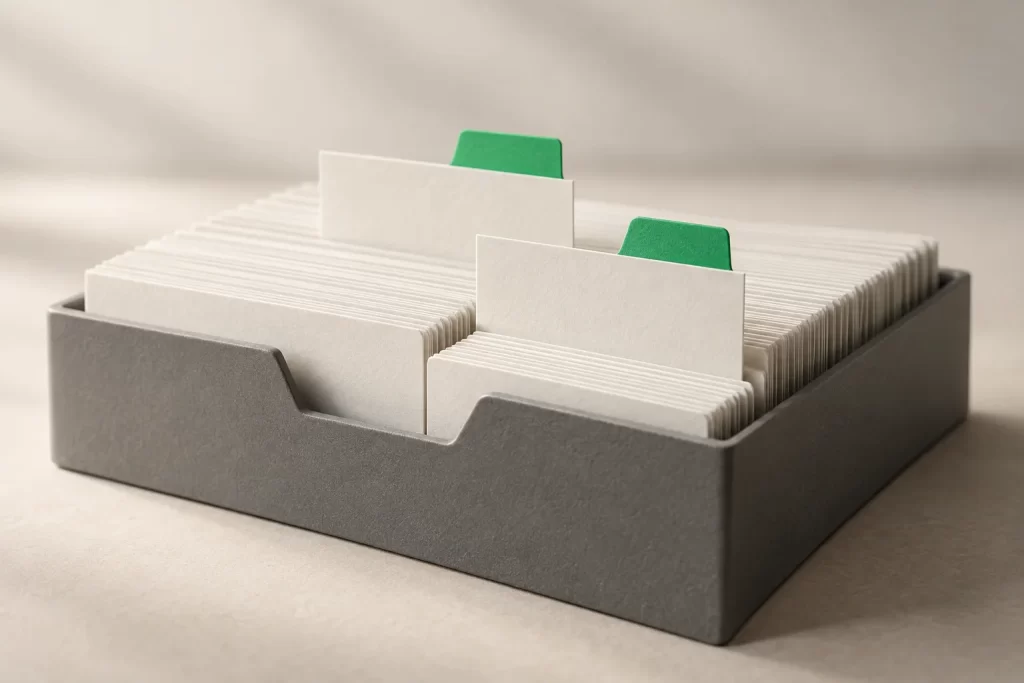 Index cards in a tray, two raised with green tabs