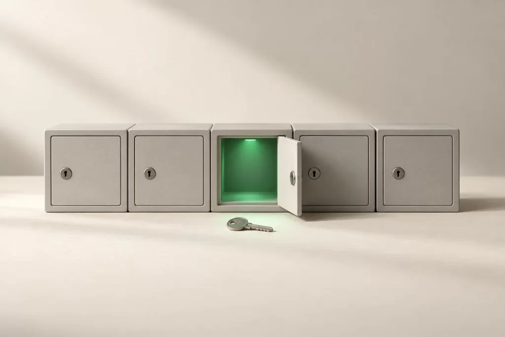 A row of small lockers, one open with a green light inside and a key in front