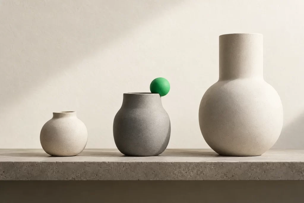 Three ceramic vessels of increasing size on a shelf, a green sphere on the middle one
