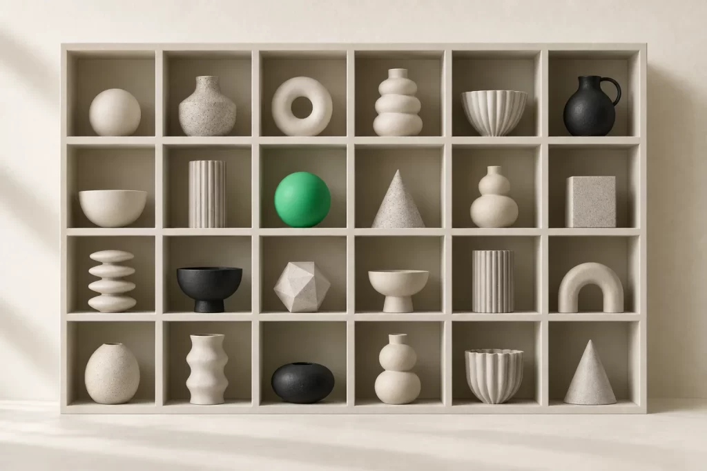 A grid shelf of compartments, each holding a different object, one green