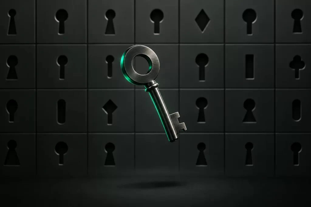 A single dark metal key in front of a grid of different keyholes