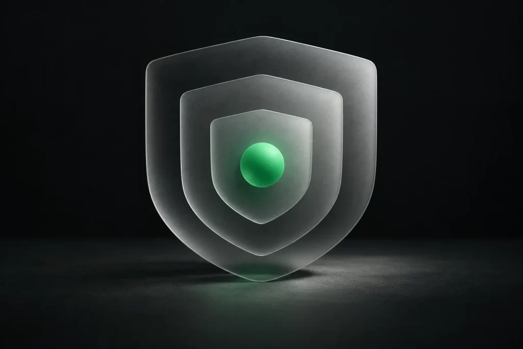 Three nested frosted glass shields around a green core