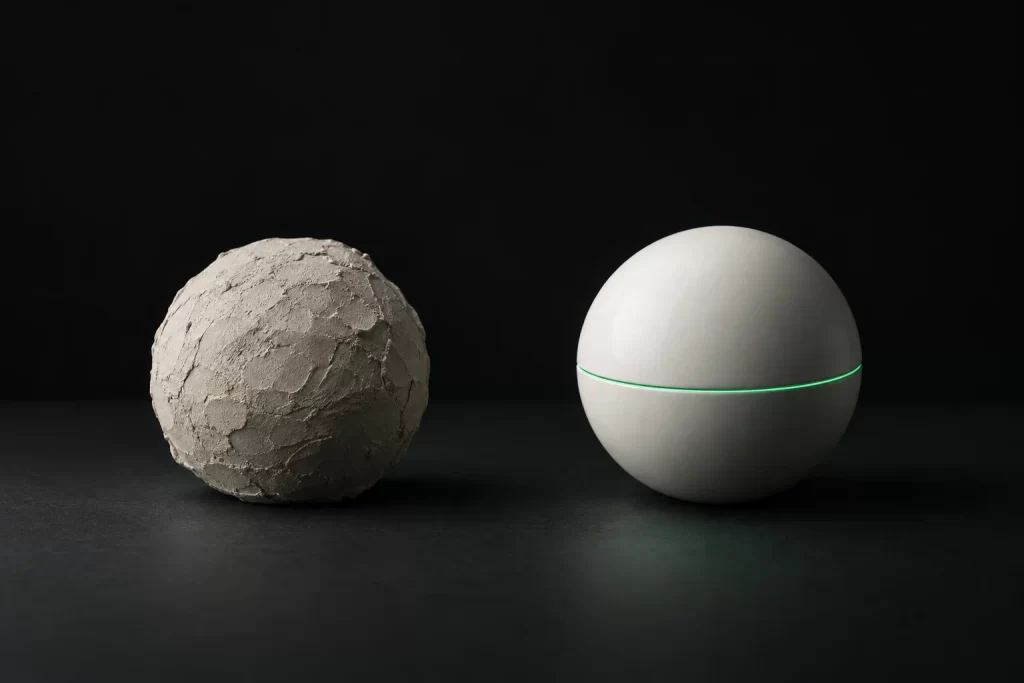 A rough clay sphere beside a polished ceramic sphere with a green line