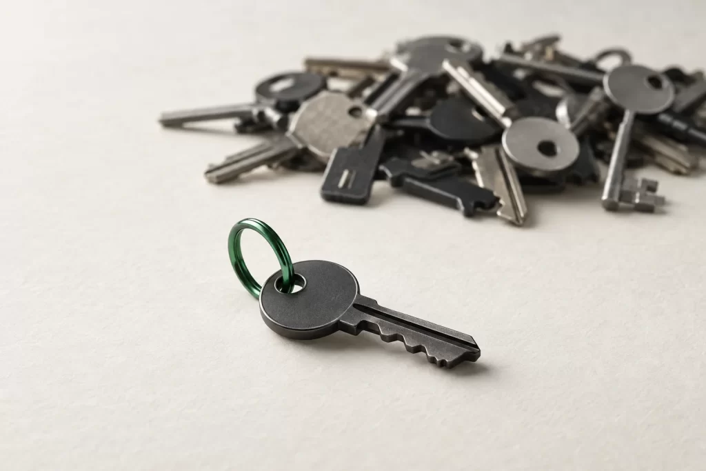 A single key on a ring in focus, a pile of keys out of focus behind it