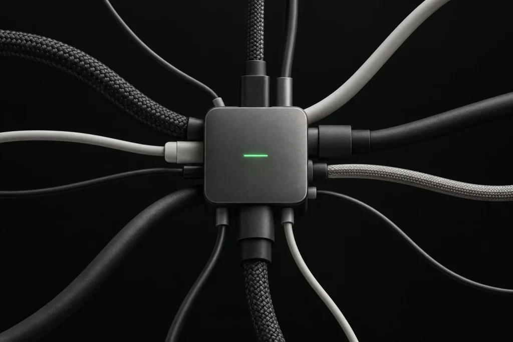 Many cables converging into a single connector with a green light