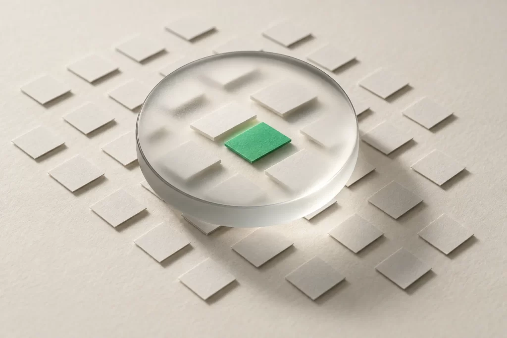 A frosted glass lens over white paper tiles, one green tile in focus