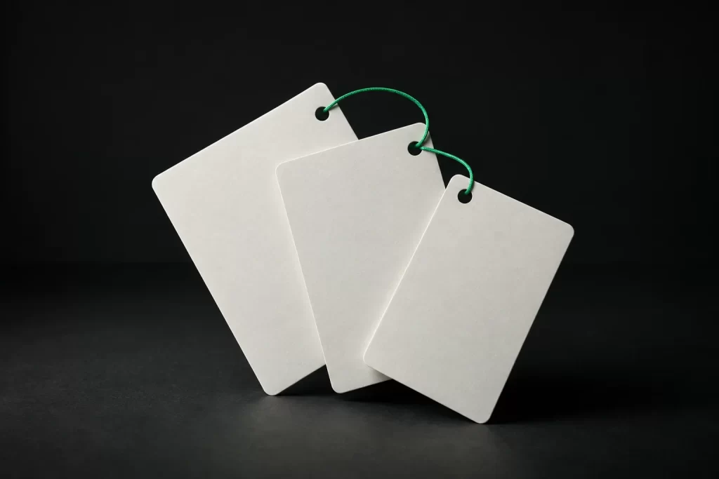 Three blank cards fanned out and joined by a green thread