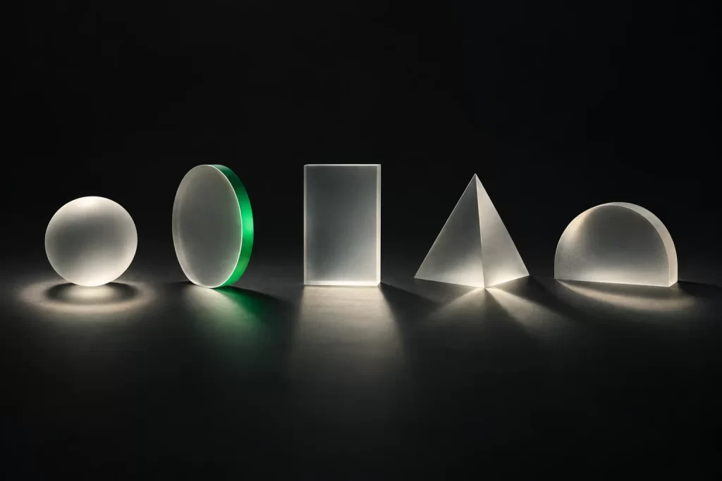 Five frosted glass lenses of different shapes in a row, one with a green edge