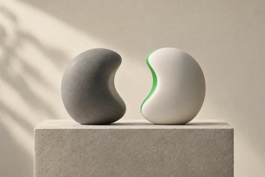 Two rounded ceramic forms facing each other, one with a green edge