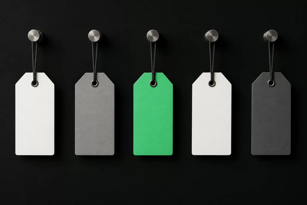 A row of blank tags hanging from metal hooks, one tag green