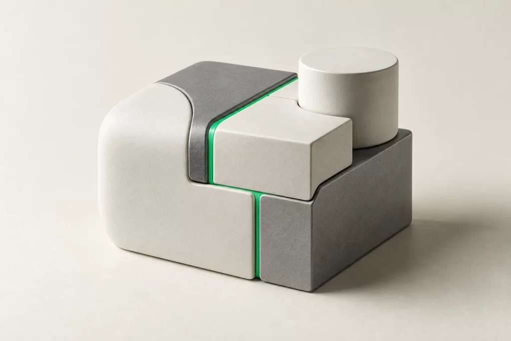 Ceramic blocks of different shapes joined into one unit along a green seam